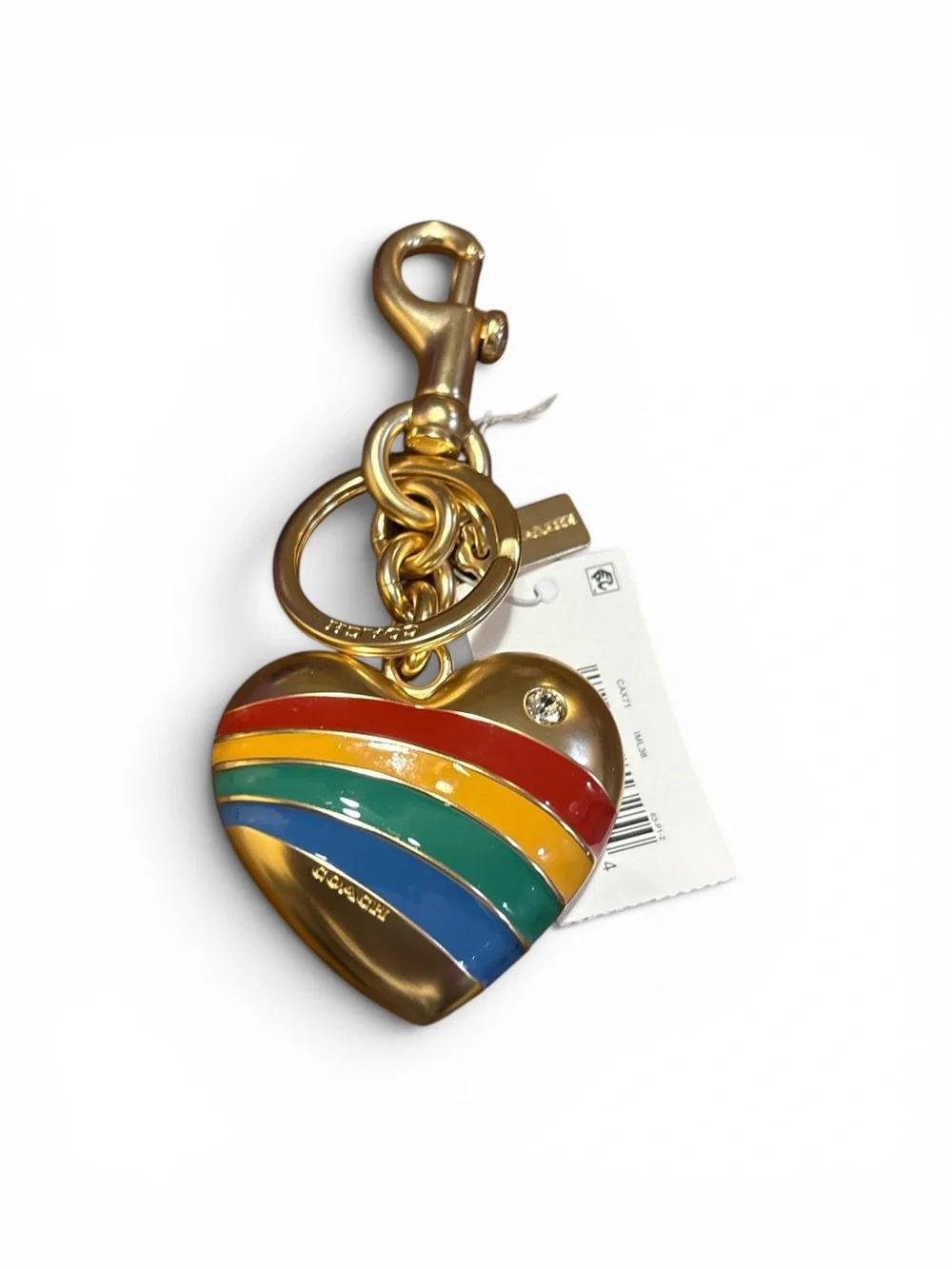 Coach Gold Rainbow Enamel Heart Charm Keyring Bag charm NWT